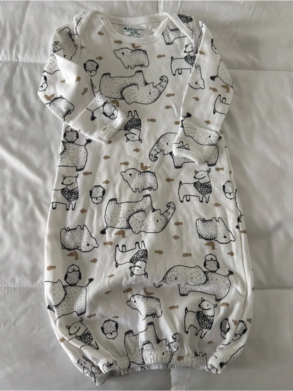 Minicoco Baby 0-3 mo White Nightgown with Black Animal‎ Prints and Tan Accents